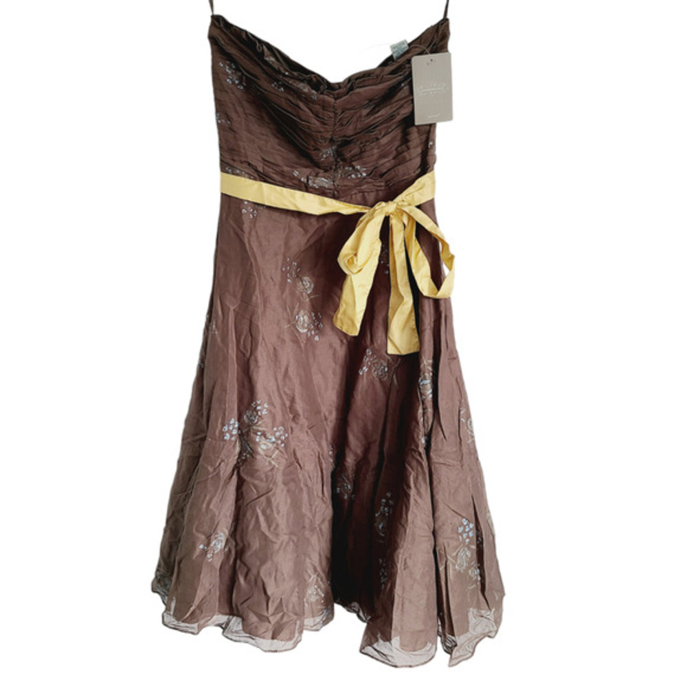 Odille Anthropologie Brown Straplessā Embroidered Midi Dress Yellow Sash Size 4